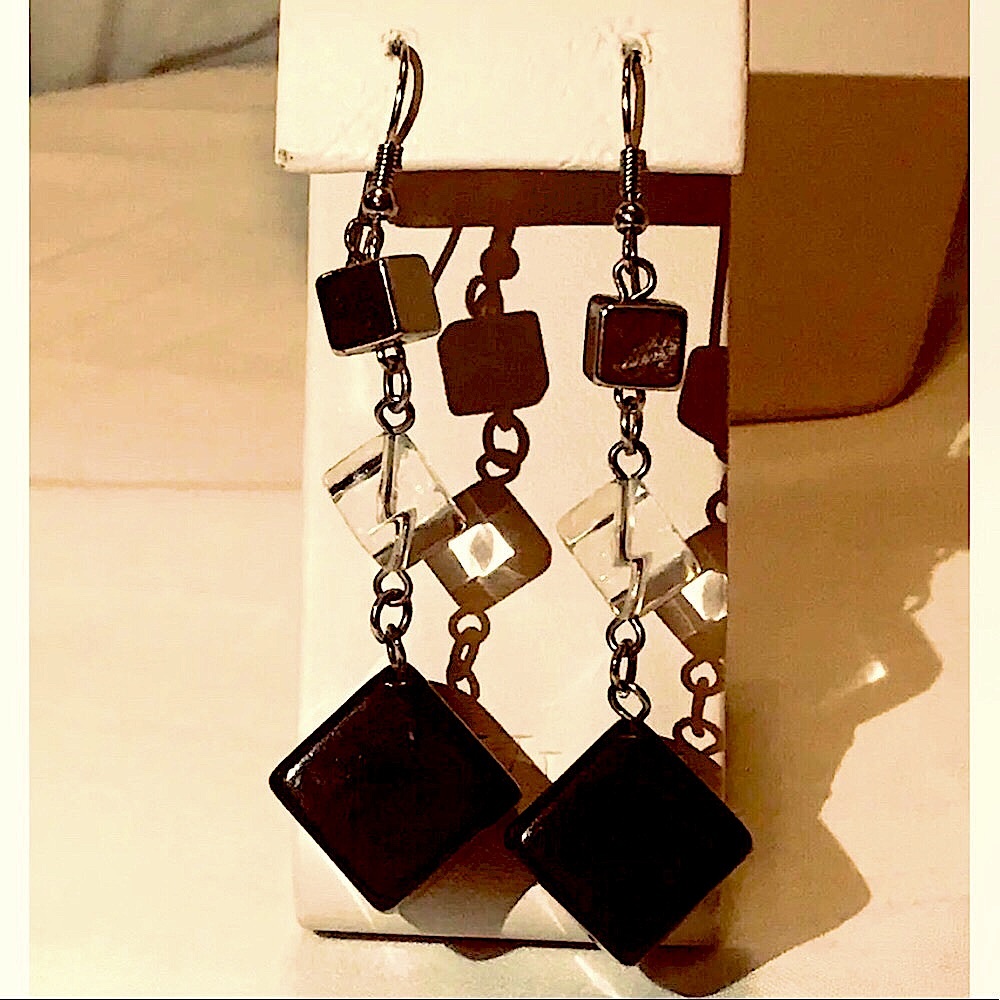 Dazzle Boutique Cube Black Dangling Long  3” Earrings Like New!,,